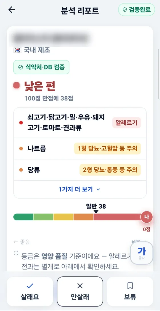 알레르기 성분이 표시된 분석 리포트