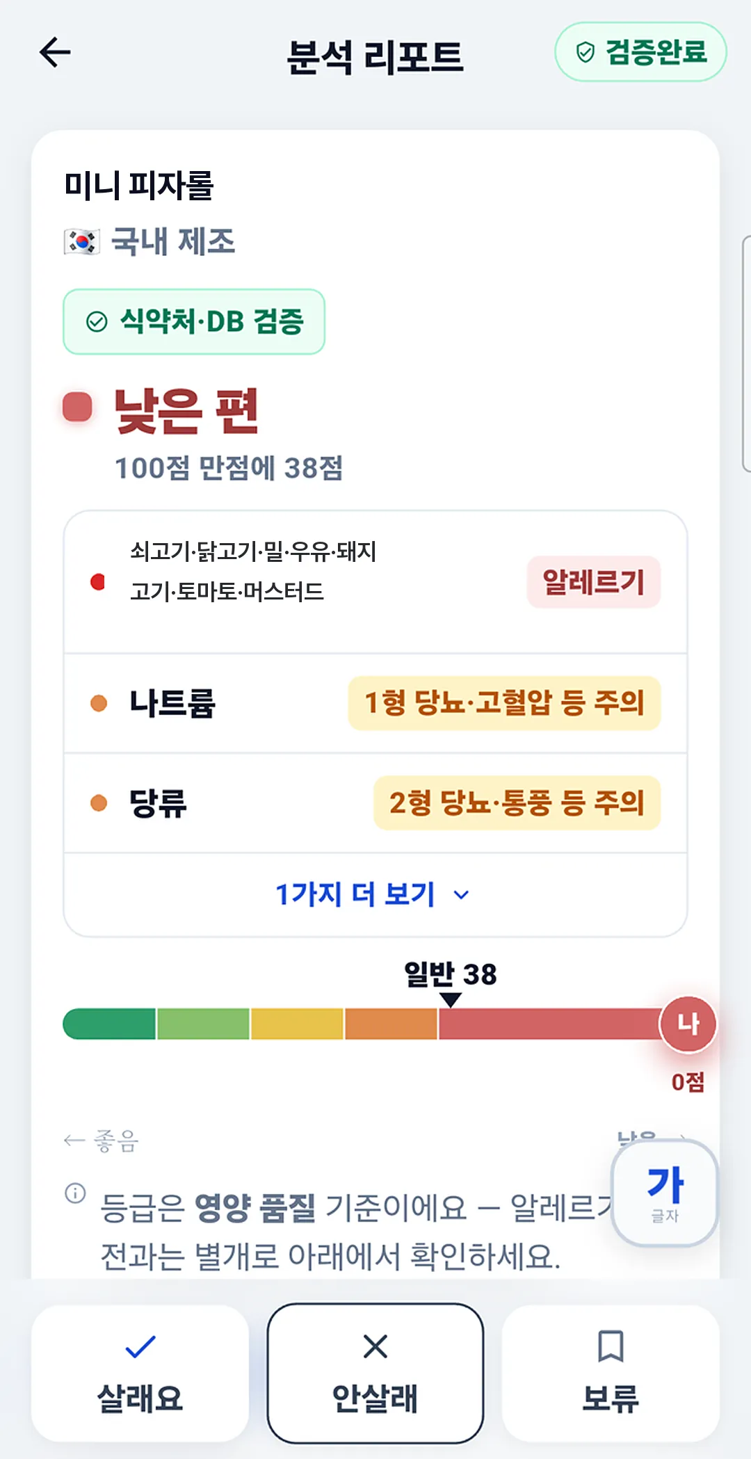 알레르기 성분이 표시된 분석 리포트