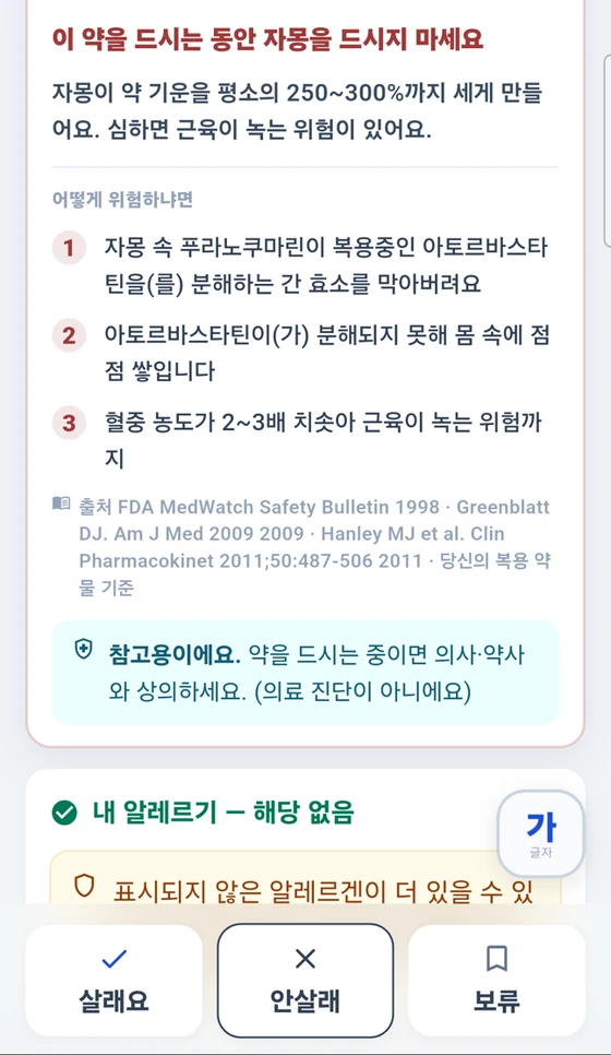 자몽과 복용 약의 상호작용 카드 — 출처와 함께 표시